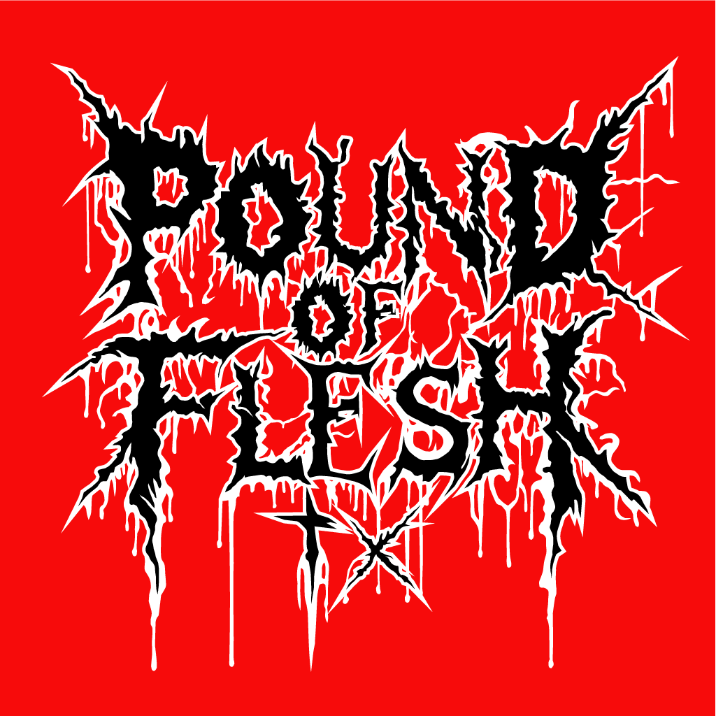 Pound Of Flesh TX Logo with black letters, outlined in white on a red background.